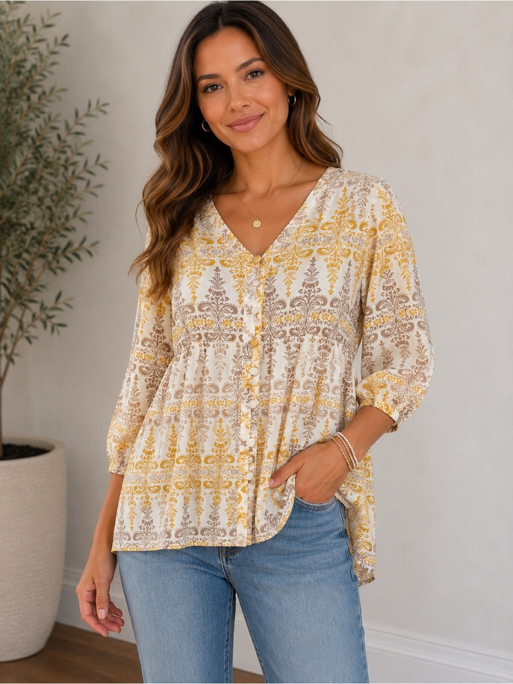 Pendleton Petite Medium Silk Blend Boho Peasant Blouse Yellow Taupe